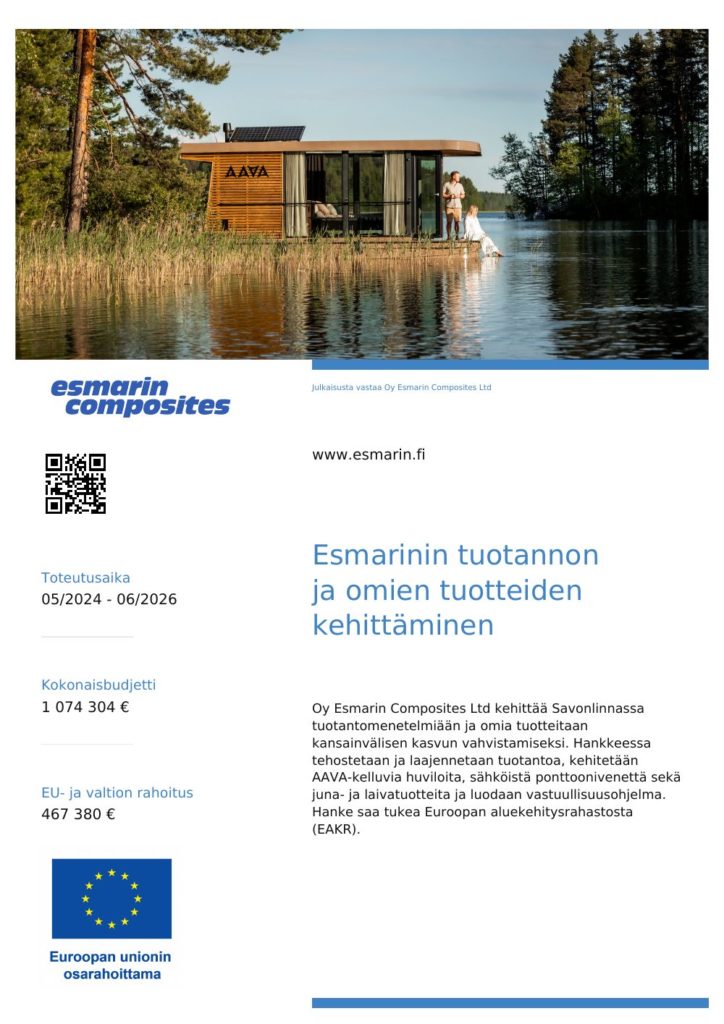 Project poster (in Finnish): developing Esmarin’s production and own products